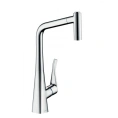Кухонный смеситель Hansgrohe Metris с выдвижным поворотным изливом в цвете сталь (14820800) - миниатюра фото 1