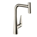 Кухонный смеситель Hansgrohe Metris с выдвижным изливом и монтажом в 1 отверстие (14834800) - миниатюра фото 1