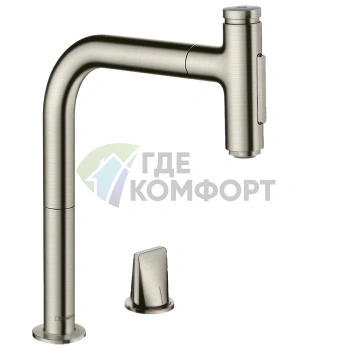 Кухонный смеситель Hansgrohe Metris M71 с выдвижным душем и поворотным изливом в цвете «под сталь» (73818800) - фото 1