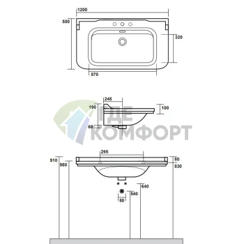 Керамическая раковина Kerasan Waldorf 120х55 см белая с 3 отверстиями и хромированными заглушками (4144K1bi/cr*3) - фото 4