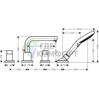 Смеситель для ванны Hansgrohe Metris S на 4 отверстия с ручным душем 3jet (31446000) - фото 2