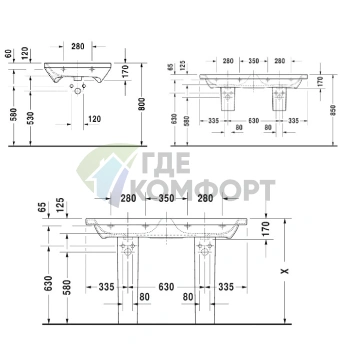 Двойная раковина Duravit DuraStyle 1300 мм с переливом для встраивания в мебель (2338130000) - фото 2