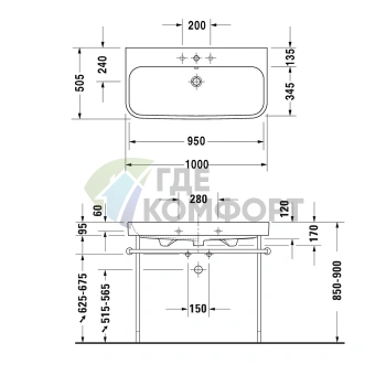 Раковина Duravit Happy D2 для мебели 1000x505 мм, белая, без отверстий, с заглушкой для перелива (2318100060) - фото 3