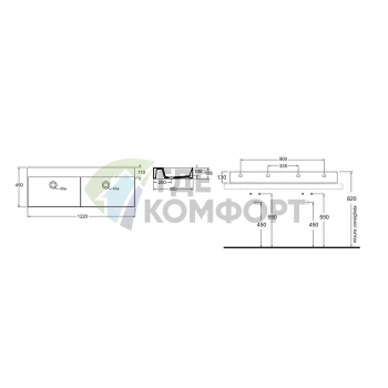 Подвесная раковина AZZURRA ELEGANCE 122 см, белая, без отверстия под смеситель - фото 2
