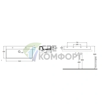 Подвесная раковина AZZURRA ELEGANCE 102x45 см белого цвета с отверстиями под смеситель - фото 2