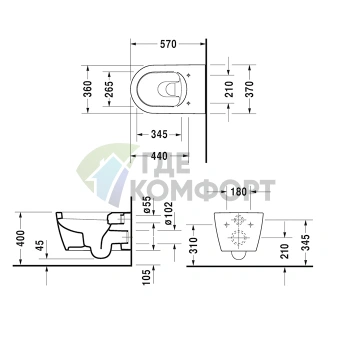 Подвесной унитаз Duravit ME by Starck с вертикальным смывом и системой крепления Durafix (2528092600) - фото 2