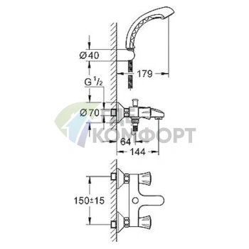 Смеситель Grohe Costa L 25460001 для ванны с душем: хром, термостат, верхний излив - фото 2
