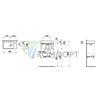 Раковина Laufen Pro S с полкой 480x280x85 мм, белая (LCC) (8.1595.4.400.104.1) - фото 2