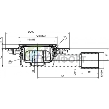 Трап HL90Pr с решеткой 115x115 мм-с сифоном Primus и горизонтальным выпуском DN40/50 - фото 3