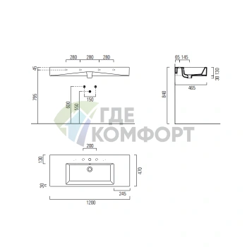 Раковина накладная подвесная GSI Kube 120x47 см с переливом, отверстием под смеситель, белая - фото 2