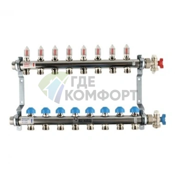 Коллекторная группа REHAU HKV-D на 8 выходов (РЕХАУ - 12080811002)1x3/4ЕК из нержавеющей стали с регулирующими и термостатическими вентилями и расходомерами - фото 1