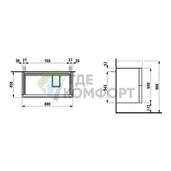 Тумба под раковину LAUFEN Kartell 880x450x600 мм с двумя ящиками, полкой и органайзером, белая матовая (4.0760.8.033.640.1) - фото 2