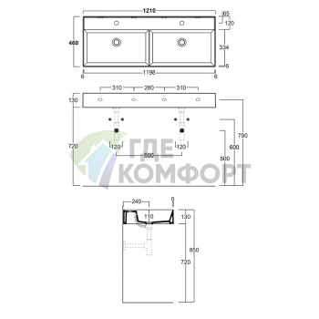 Подвесная двойная раковина SIMAS AGILE 121x46 см, матовый черный - фото 2