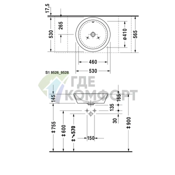 Накладная круглая раковина Duravit 530 мм без отверстия, с переливом, белая (447530000) - фото 4