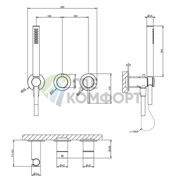 Встраиваемый смеситель GESSI 316 для двух источников воды с ручной лейкой (Black XL) (54039#299) - фото 2