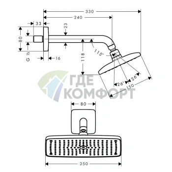 Верхний душ HG Raindance E RainAir 250x150 мм с держателем, хром (27370000) - фото 2