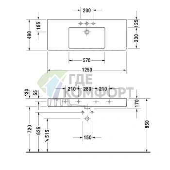 Раковина Duravit Vero для мебели без перелива, с отверстием под смеситель, 1250x490 мм, белый (329120041) - фото 4
