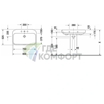 Раковина DURAVIT Happy D2 80x52,5 см с отверстием под смеситель и слив-переливом, белая (2316800000) - фото 2