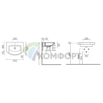 Раковина GSI Modo 65x50 см с переливом, 1 отв., белая - фото 2