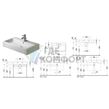 Раковина Duravit Vero накладная без перелива и отверстия под смеситель, 800x470 мм, белый (454800079) - фото 2