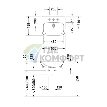 Встраиваемая раковина Duravit DuraStyle 550x455 мм с отверстием под смеситель (375550000) - фото 2