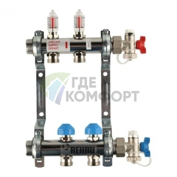 Коллекторная группа REHAU HKV-D на 2 выхода (РЕХАУ - 12080211002)1x3/4ЕК из нержавеющей стали с регулирующими и термостатическими вентилями и расходомерами - фото 1