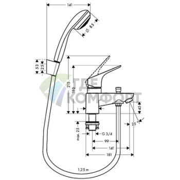 Смеситель Hansgrohe Focus для ванны с ручным душем Crometta 85 и держателем Porter S (31521000) - фото 2