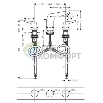 Смеситель для раковины Hansgrohe Novus на 3 отверстия с донным клапаном, хром (71140000) - фото 2