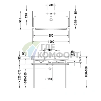 Раковина Duravit Happy D2 для мебели белая 1000x505 мм с переливом и 3 отверстиями под смеситель (2318100030) - фото 2