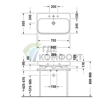 Раковина Duravit Happy D2 для встраивания в мебель, шлифованная, белая, 800x505 мм (2318800027) - фото 2
