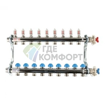 Коллекторная группа REHAU HKV-D на 9 выходов (РЕХАУ - 12080911002)1x3/4ЕК из нержавеющей стали с регулирующими и термостатическими вентилями и расходомерами - фото 1