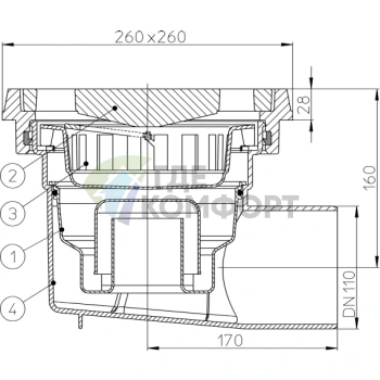 Трап HL605.1W с решеткой 226x226 мм-с грязеуловителем и горизонтальным выпуском DN110 - фото 3