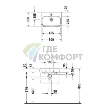 Раковина Duravit Happy D2 500x360 мм без отверстий, с заглушкой для перелива, белая (710500060) - фото 2