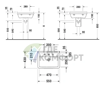 Раковина Duravit Starck 3 двойная 1300x485 мм с двумя отверстиями под смеситель и переливом, белый (865160000) - фото 2