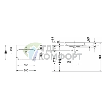 Раковина DURAVIT Happy D2 65x46 см, белая, шлифованная, с креплением и отверстием под смеситель (2315600000) - фото 2