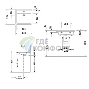 Подвесная раковина Duravit Starck III узкая 600х545 мм белая с переливом (312600000) - фото 2