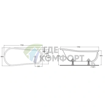 Ванна AZZURRA JUBILAEUM CrystalTech 170x80 см отдельностоящая (белая, ножки хром) - фото 2