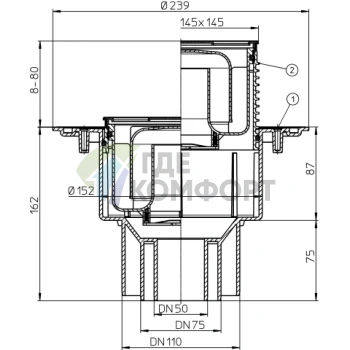 Трап HL3100 с решеткой 138x138 мм и вертикальным выпуском DN50/75/110 - фото 3