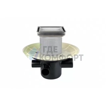 Трап HL304-3020 с решеткой 112x112 мм-с гидрозатвором и обратным клапаном-с 3-мя дополнительными входами DN40/50 и горизонтальным выходом DN75/110