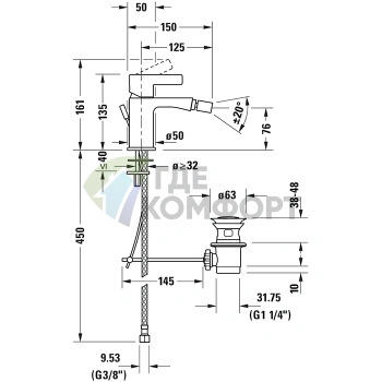Смеситель для биде Duravit D-Neo: 1 отверстие, донный клапан, хром (DE2400001010) - фото 2