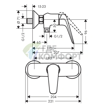 Настенный смеситель для душа Hansgrohe Novus в хроме (71060000) - фото 2