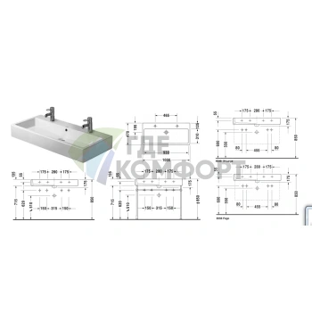 Встраиваемая раковина Duravit Vero без перелива, 2 отверстия под смеситель, с креплением, 1000x470 мм, белый (454100024) - фото 2