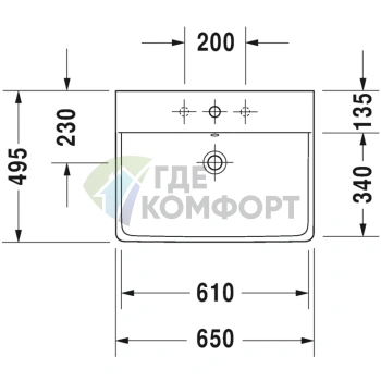 Раковина Uravit P3 Comforts 650x500 мм для мебели, белая, с тремя отверстиями под смеситель - фото 2
