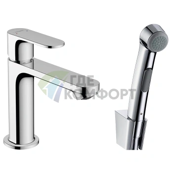 Стильный смеситель Hansgrohe Rebris S 110 для раковины с гигиеническим душем в хроме (72215000) - фото 1
