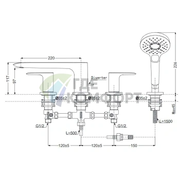 Смеситель для ванны TOTO NEOREST с ручным душем, 4-отверстный, хром (TBG04202R) - фото 2