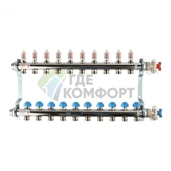 Коллекторная группа REHAU HKV-D на 10 выходов (РЕХАУ - 12081011002)1x3/4ЕК из нержавеющей стали с регулирующими и термостатическими вентилями и расходомерами - фото 1