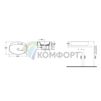 Накладная раковина AZZURRA ELEGANCE 60x42 см, цвет Carbone - фото 2