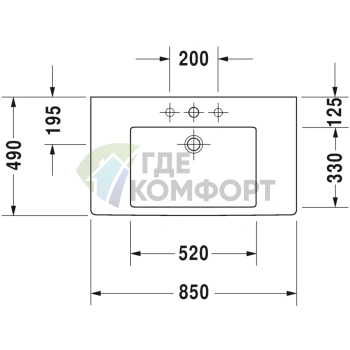 Раковина Duravit Vero для мебели без перелива, белая, 850x490 мм, с 3 отверстиями под смеситель (329850044) - фото 2