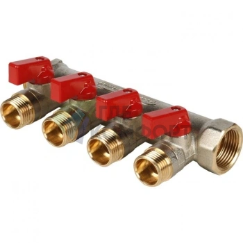 Коллектор распределительный 3/4 с запорными кранами и 4 отводами 1/2, ручки красные STOUT - фото 4