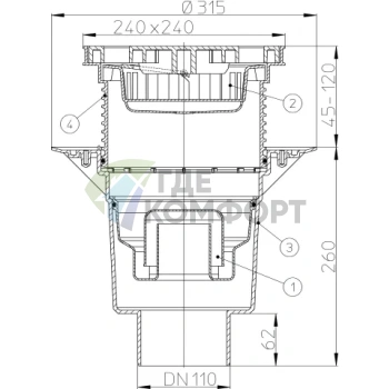 Трап HL616LW с решеткой 226x226 мм-грязеуловителем и вертикальным выпуском DN110 - фото 3